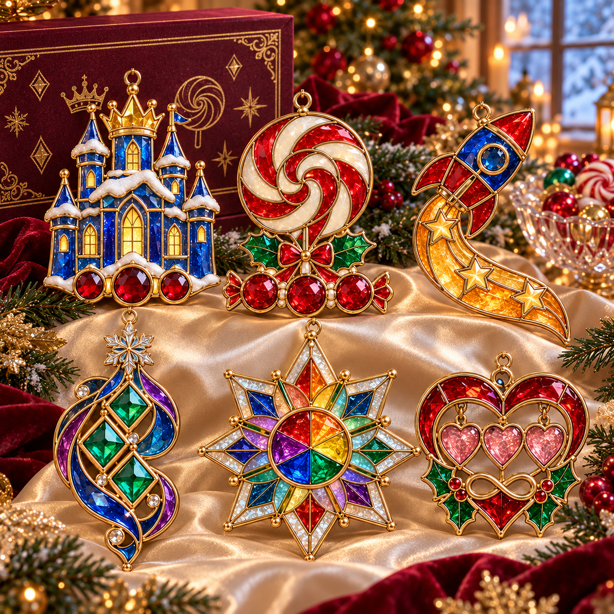 ✨ 2026 Magical Stained Glass Christmas Ornaments – Set of 6 | Crystal Castle, Candy, Rocket, Rainbow Star & Heart Hanging Decorations | Colorful Christmas Tree Ornaments & Holiday Gifts