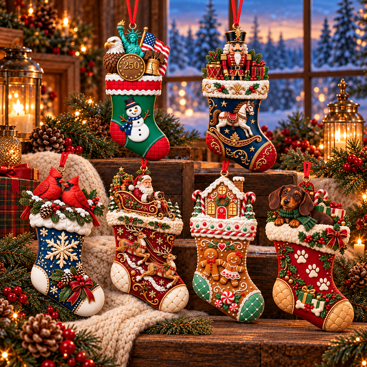 2026 Christmas Storybook Stocking Ornaments – 6-Piece Vintage Holiday Collection