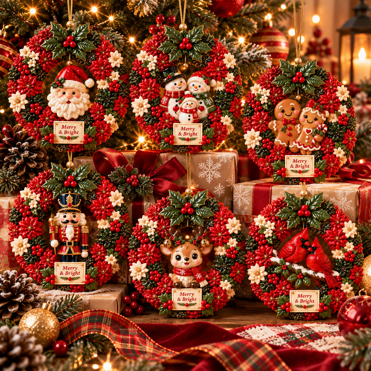 Merry & Bright Christmas Wreath Ornament Collection – 6-Piece Santa, Snowman, Gingerbread, Nutcracker, Reindeer & Cardinal Christmas Tree Decorations | Festive Holiday Keepsake Gifts