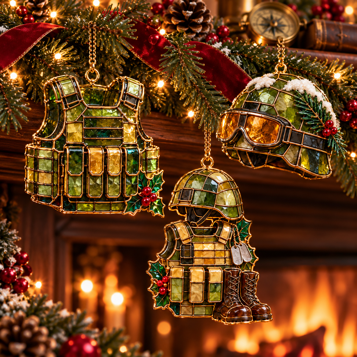 ✨ 2026 Military Christmas Ornaments – Set of 6 | Vintage Stained Glass Tactical Vest, Military Helmet, Rifle & Soldier Gear Hanging Decorations | Christmas Tree Ornaments & Unique Gifts for Veterans & Military Families