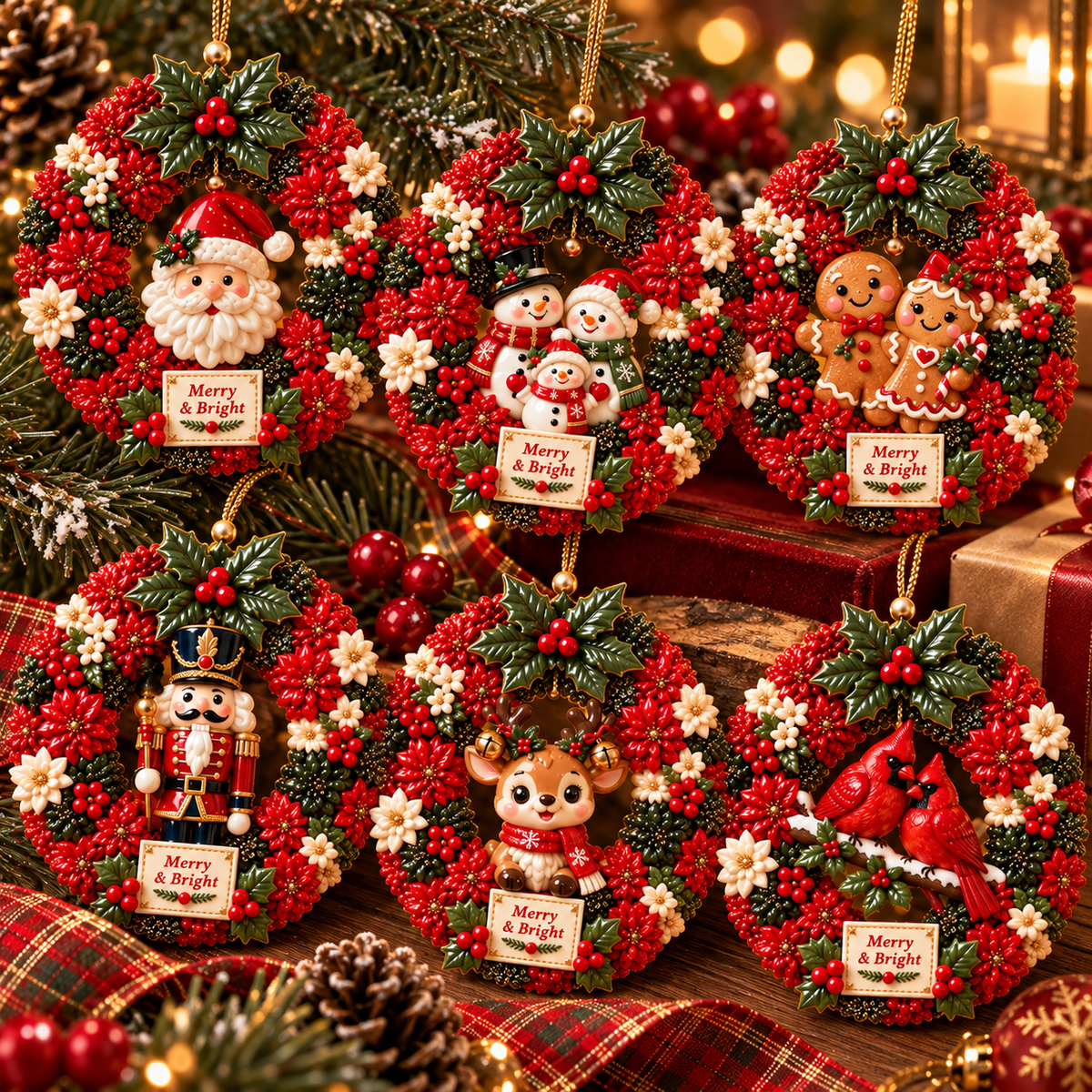 Merry & Bright Christmas Wreath Ornament Collection – 6-Piece Santa, Snowman, Gingerbread, Nutcracker, Reindeer & Cardinal Christmas Tree Decorations | Festive Holiday Keepsake Gifts