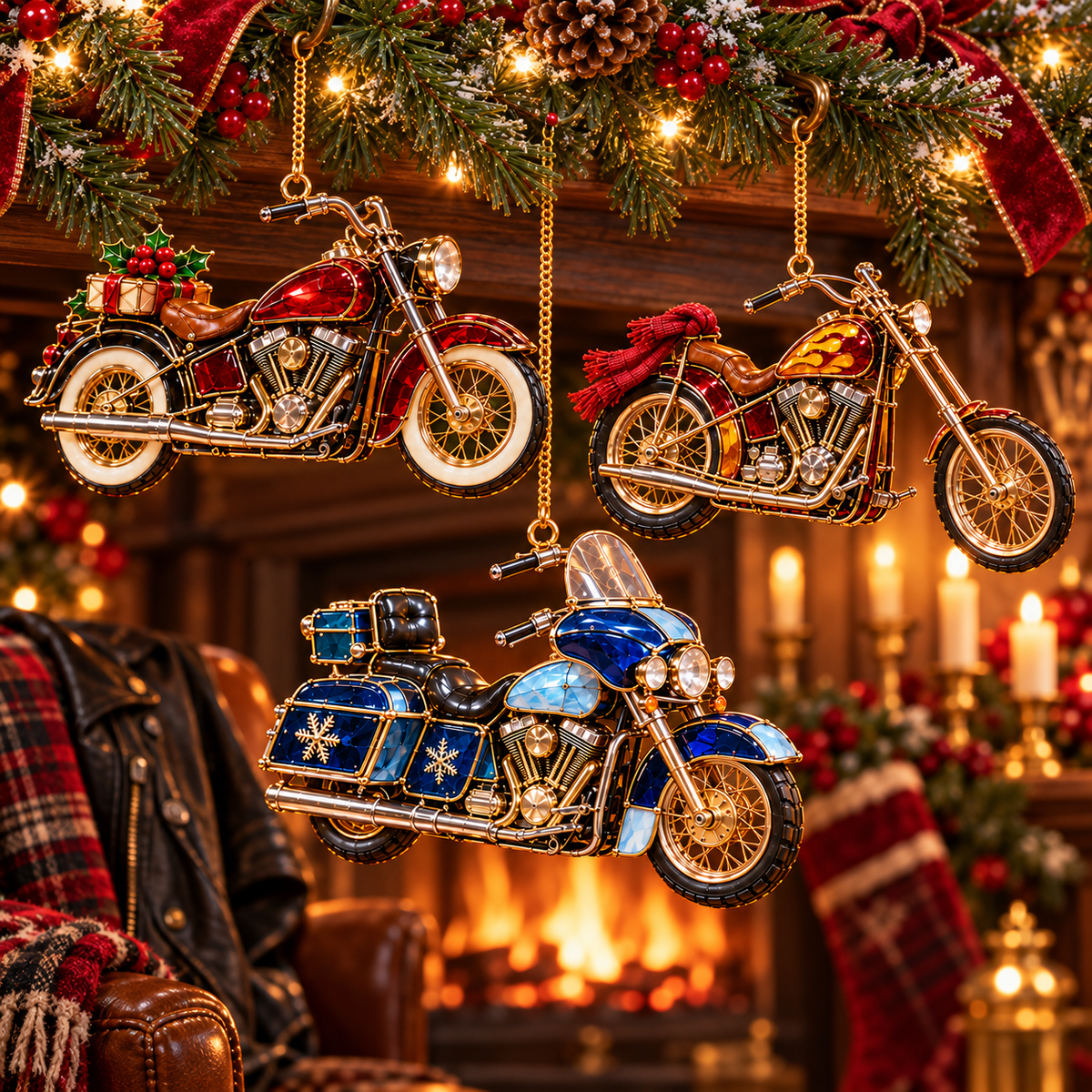✨ 2026 Vintage Stained Glass Motorcycle Christmas Ornaments – Set of 6 | Retro Cruiser, Sidecar, Chopper & Adventure Motorbike Hanging Decorations | Christmas Tree Ornaments & Biker Gifts