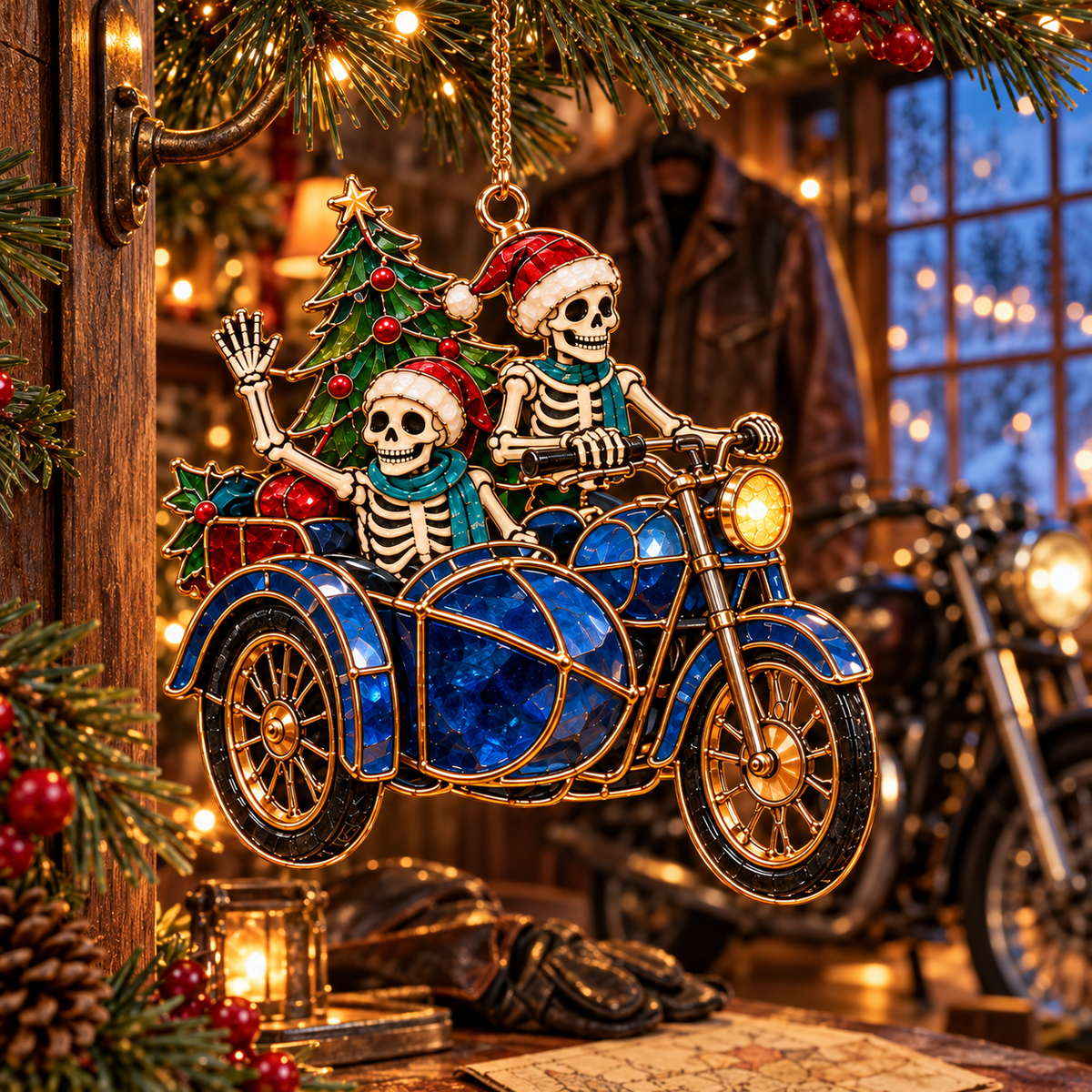 Friends for Eternity – Vintage Stained Glass Style Skeleton Christmas Ornaments, Set of 6