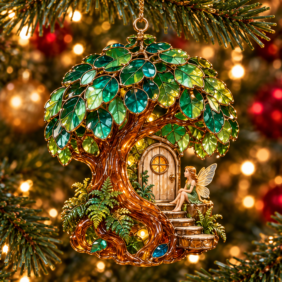 ✨ 2026 Enchanted Stained Glass Treehouse Christmas Ornaments – Set of 6 | Fairy Tree Houses, Autumn Maple, Acorn Cottage & Moonlight Willow Hanging Decorations | Magical Christmas Tree Ornaments & Fairy Garden Gifts