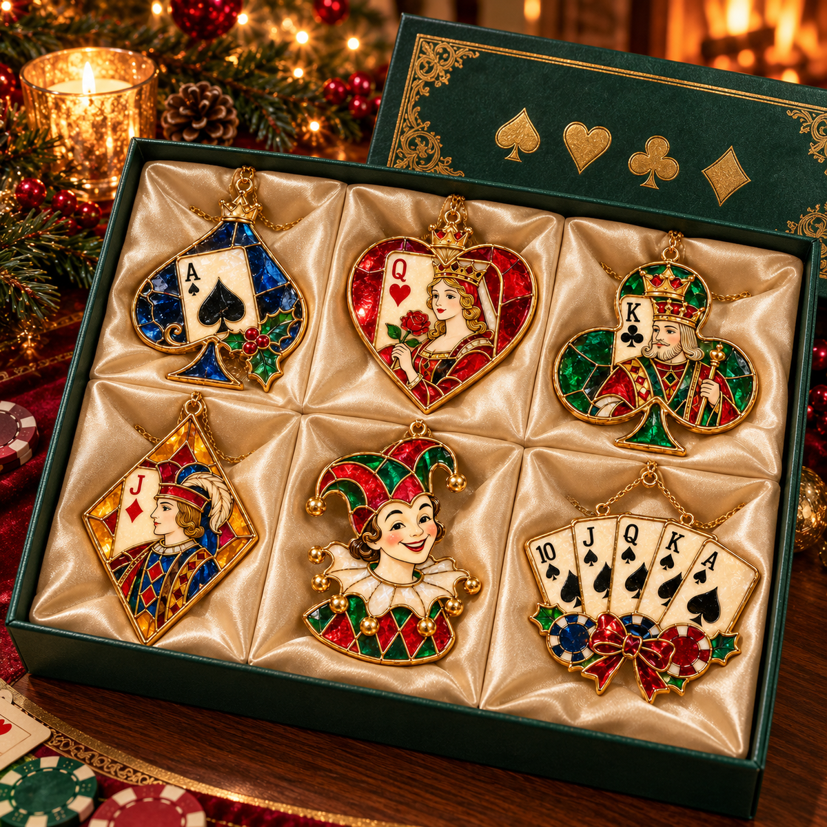 ✨ 2026 Vintage Stained Glass Playing Card Christmas Ornaments – Set of 6 | Poker Ace, Queen, King, Jack & Joker Hanging Decorations | Casino & Card Game Christmas Tree Ornaments | Unique Gifts for Poker Lovers