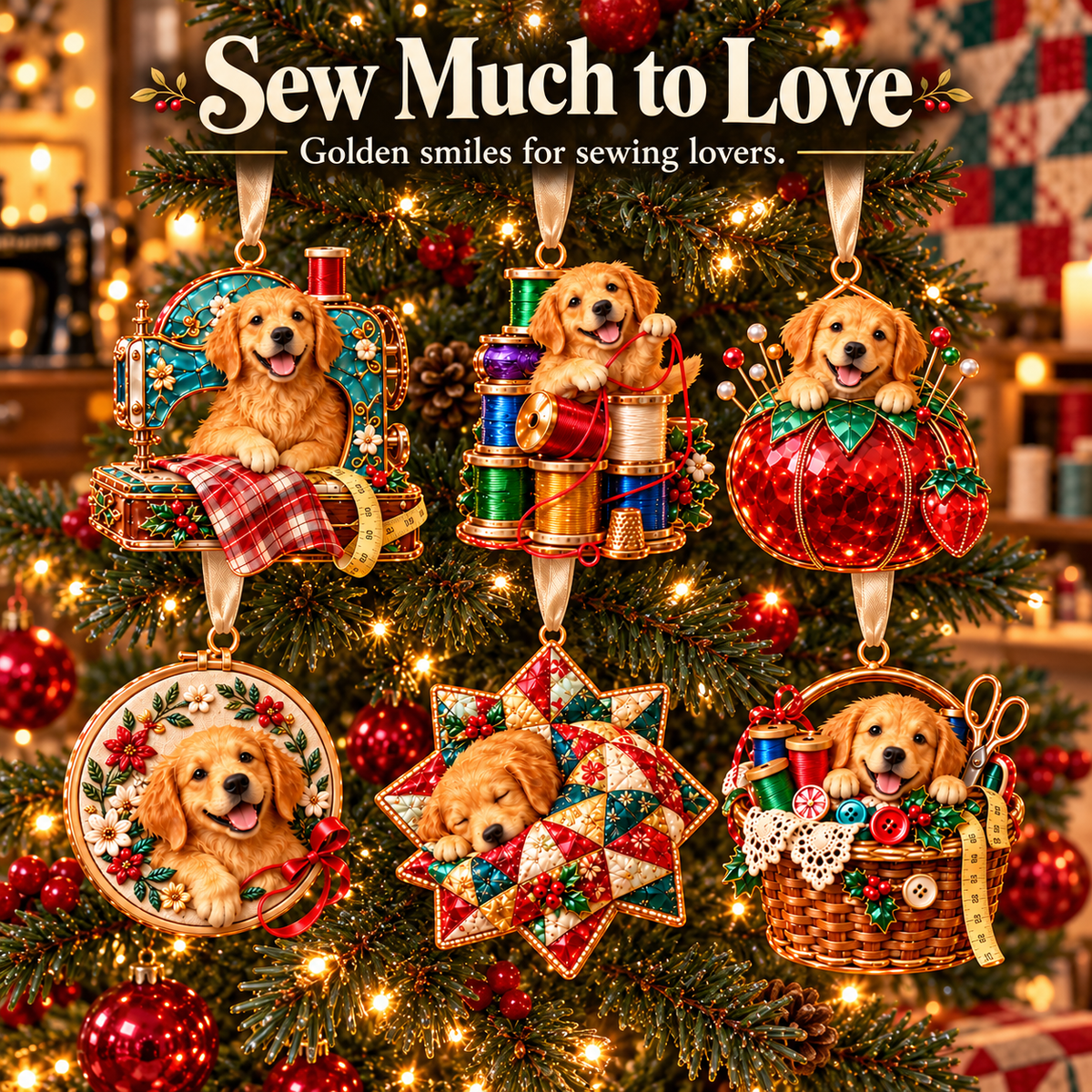 Golden Retriever Sewing-Themed Christmas Ornament
