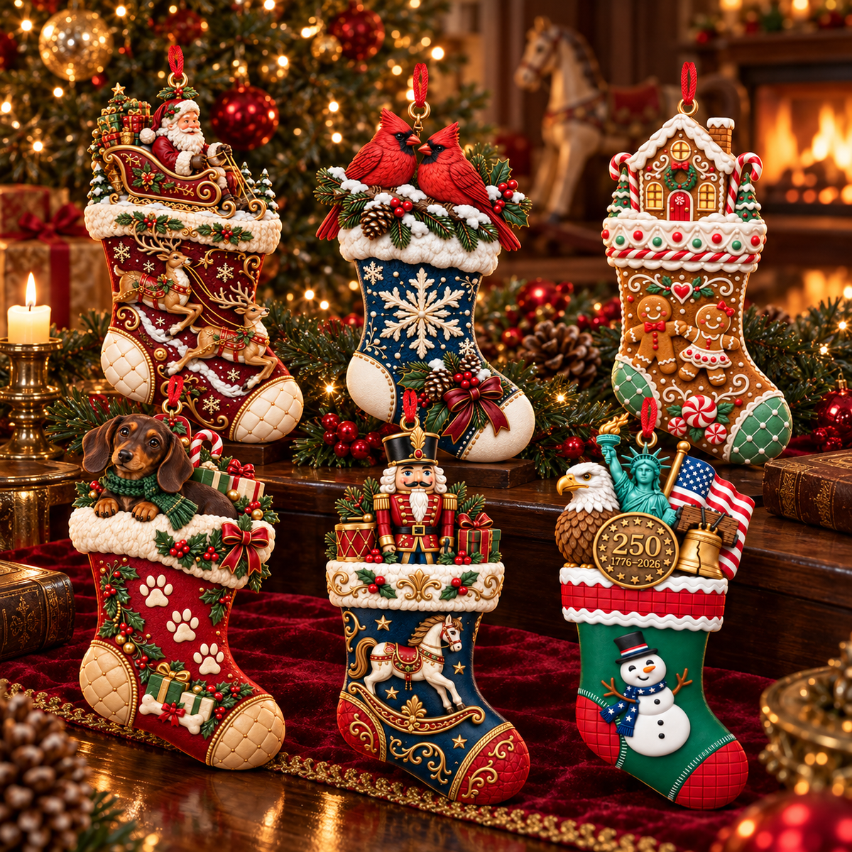 2026 Christmas Storybook Stocking Ornaments – 6-Piece Vintage Holiday Collection