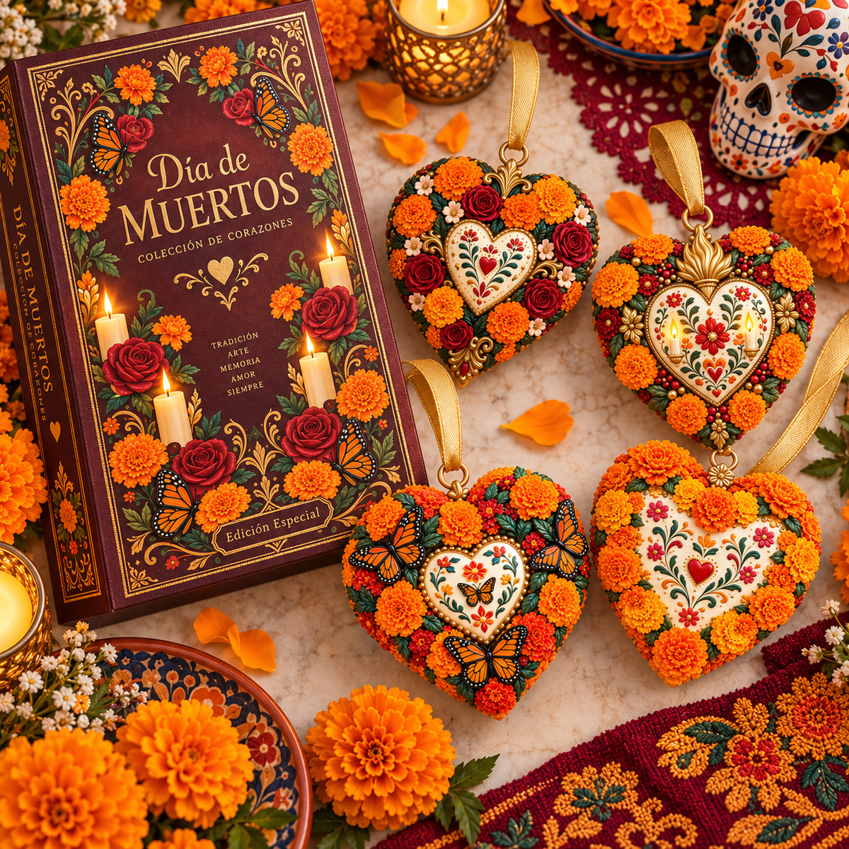 Día de Muertos Marigold Heart Ornament – Floral Hanging Keepsake Collection, Meaningful Day of the Dead Gift for Family & Loved Ones