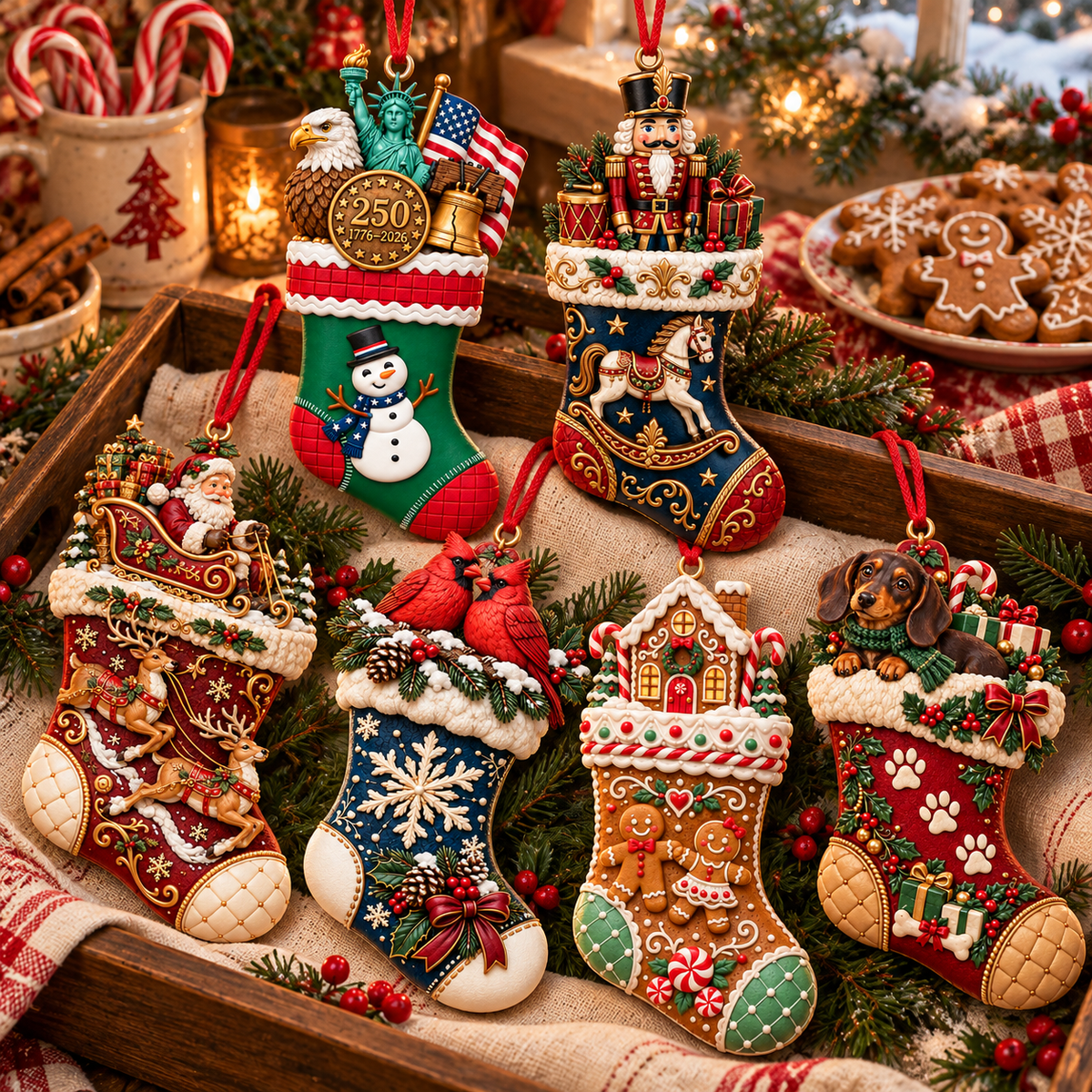 2026 Christmas Storybook Stocking Ornaments – 6-Piece Vintage Holiday Collection