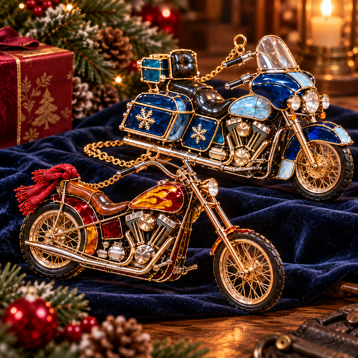 ✨ 2026 Vintage Stained Glass Motorcycle Christmas Ornaments – Set of 6 | Retro Cruiser, Sidecar, Chopper & Adventure Motorbike Hanging Decorations | Christmas Tree Ornaments & Biker Gifts