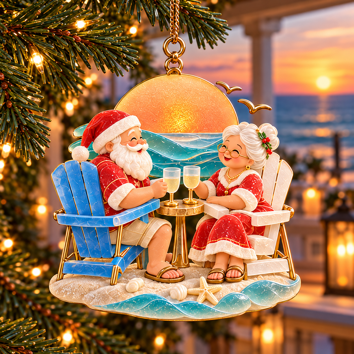 🏖️ 2026 Coastal Christmas Santa & Mrs. Claus Ornaments – Set of 6 Tropical Holiday Keepsakes