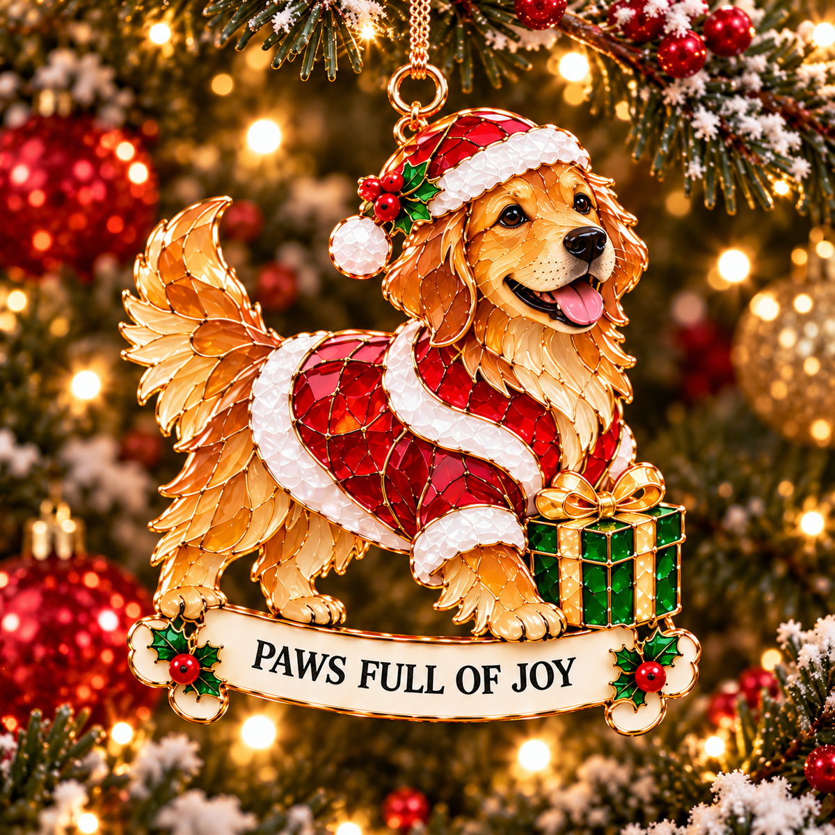 2026 Golden Retriever Christmas Ornaments – Set of 6 | Vintage Stained-Glass Style with Golden Accents & Heartwarming Holiday Wishes