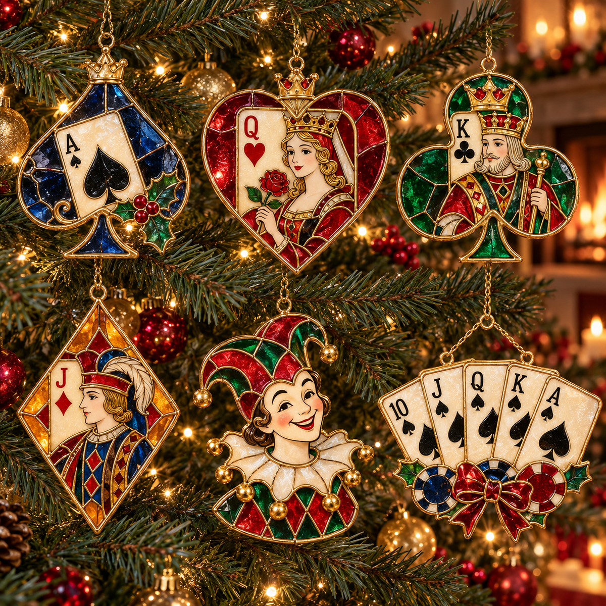 ✨ 2026 Vintage Stained Glass Playing Card Christmas Ornaments – Set of 6 | Poker Ace, Queen, King, Jack & Joker Hanging Decorations | Casino & Card Game Christmas Tree Ornaments | Unique Gifts for Poker Lovers