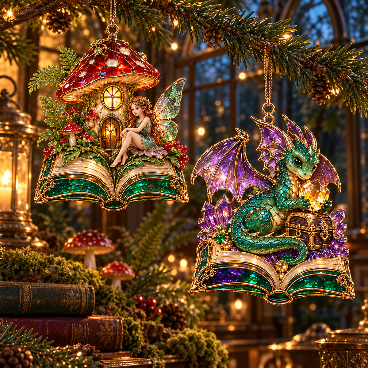 🎄 2026 Enchanted Storybook Christmas Ornaments – Set of 6 | Stained Glass Fairy Tale Castle, Unicorn, Fairy, Mermaid, Dragon & Snowy Village Hanging Decorations | Magical Christmas Tree Ornaments & Fantasy Lover Gifts