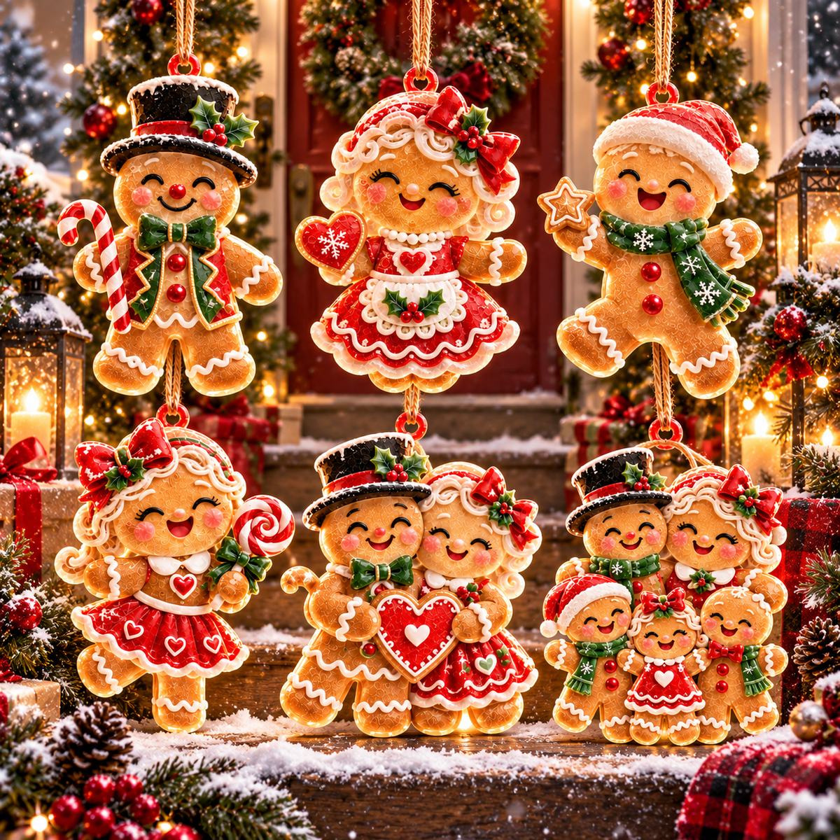 6-Piece Gingerbread Christmas Ornament Collection – Adorable Gingerbread Family, Couple & Holiday Characters | Festive Christmas Tree Hanging Decorations, Sweet Family Keepsake Gifts