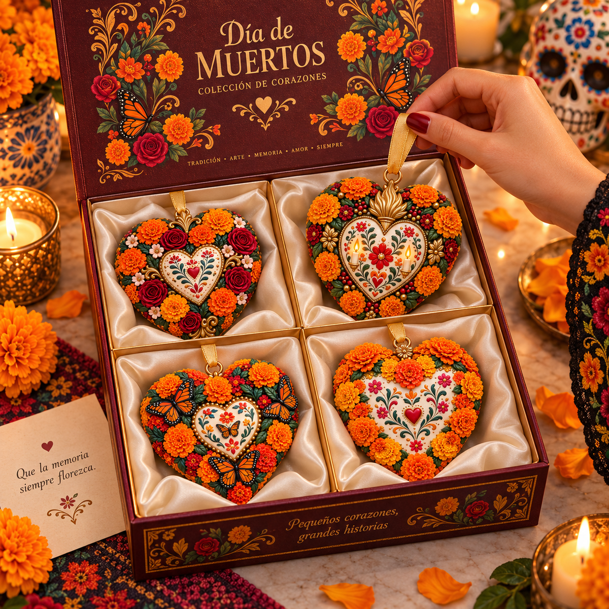 Día de Muertos Marigold Heart Ornament – Floral Hanging Keepsake Collection, Meaningful Day of the Dead Gift for Family & Loved Ones