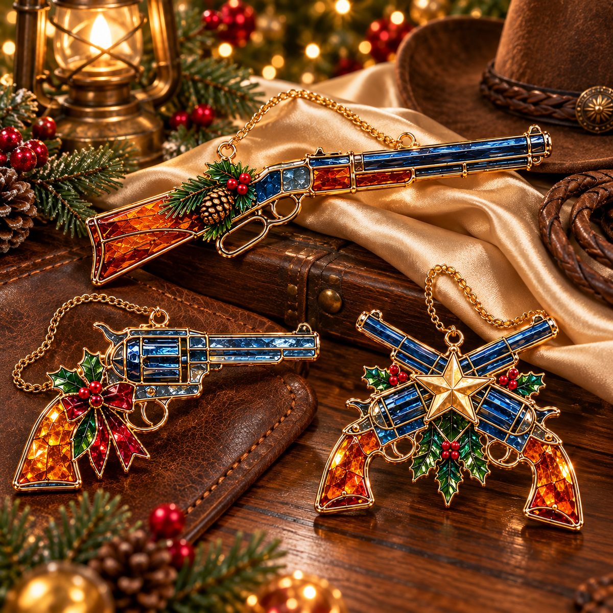✨ 2026 Vintage Stained Glass Firearms Christmas Ornaments – Set of 6 | Western Revolver, Cowboy Rifle, Shotgun & Pistol Hanging Decorations | Christmas Tree Ornaments & Unique Holiday Gifts for Gun Enthusiasts