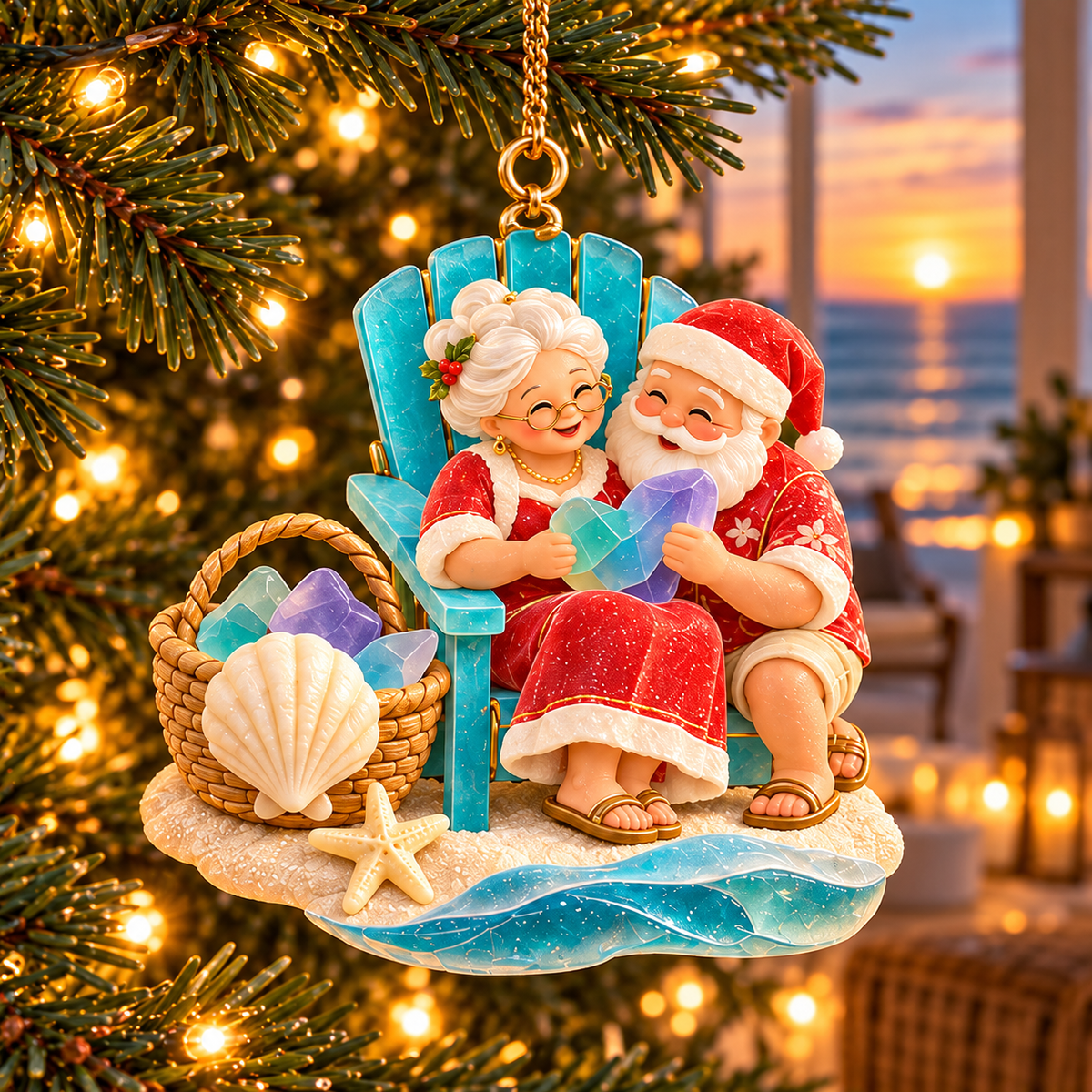 🏖️ 2026 Coastal Christmas Santa & Mrs. Claus Ornaments – Set of 6 Tropical Holiday Keepsakes