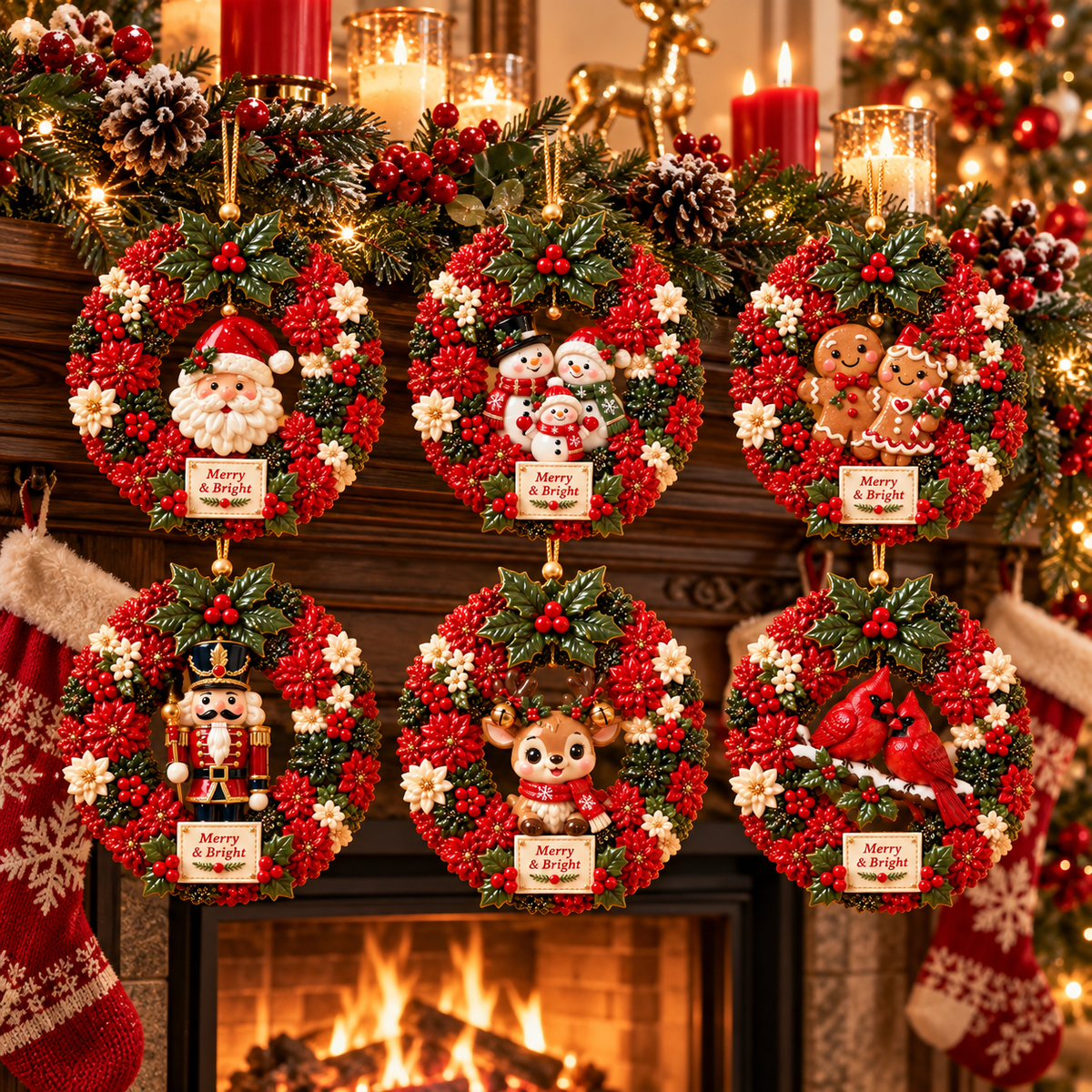Merry & Bright Christmas Wreath Ornament Collection – 6-Piece Santa, Snowman, Gingerbread, Nutcracker, Reindeer & Cardinal Christmas Tree Decorations | Festive Holiday Keepsake Gifts