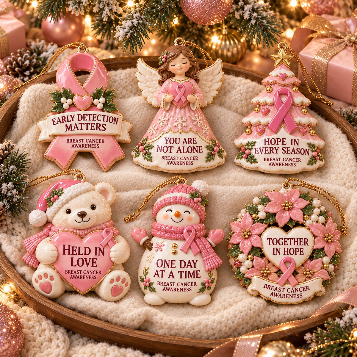 2026 Breast Cancer Awareness Christmas Ornament Set – 6-Piece Pink Ribbon Holiday Keepsake Gift