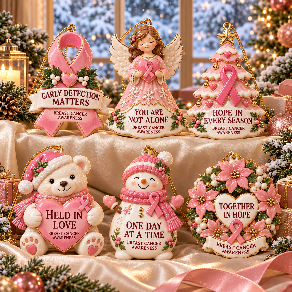 2026 Breast Cancer Awareness Christmas Ornament Set – 6-Piece Pink Ribbon Holiday Keepsake Gift