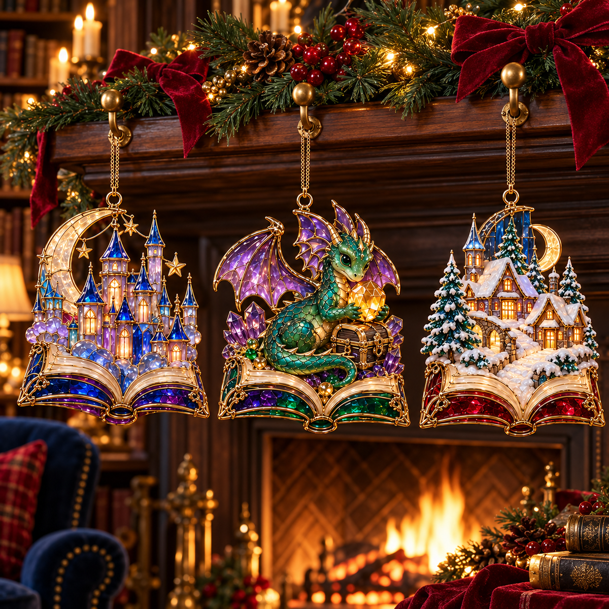 🎄 2026 Enchanted Storybook Christmas Ornaments – Set of 6 | Stained Glass Fairy Tale Castle, Unicorn, Fairy, Mermaid, Dragon & Snowy Village Hanging Decorations | Magical Christmas Tree Ornaments & Fantasy Lover Gifts