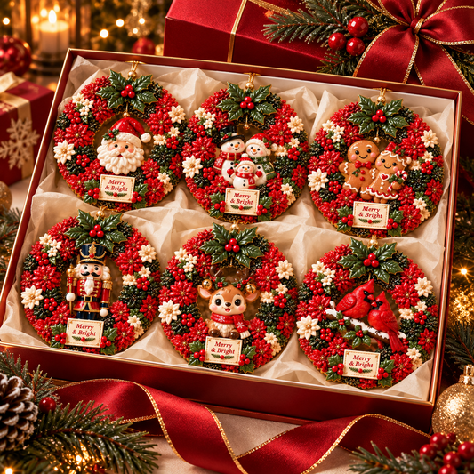 Merry & Bright Christmas Wreath Ornament Collection – 6-Piece Santa, Snowman, Gingerbread, Nutcracker, Reindeer & Cardinal Christmas Tree Decorations | Festive Holiday Keepsake Gifts