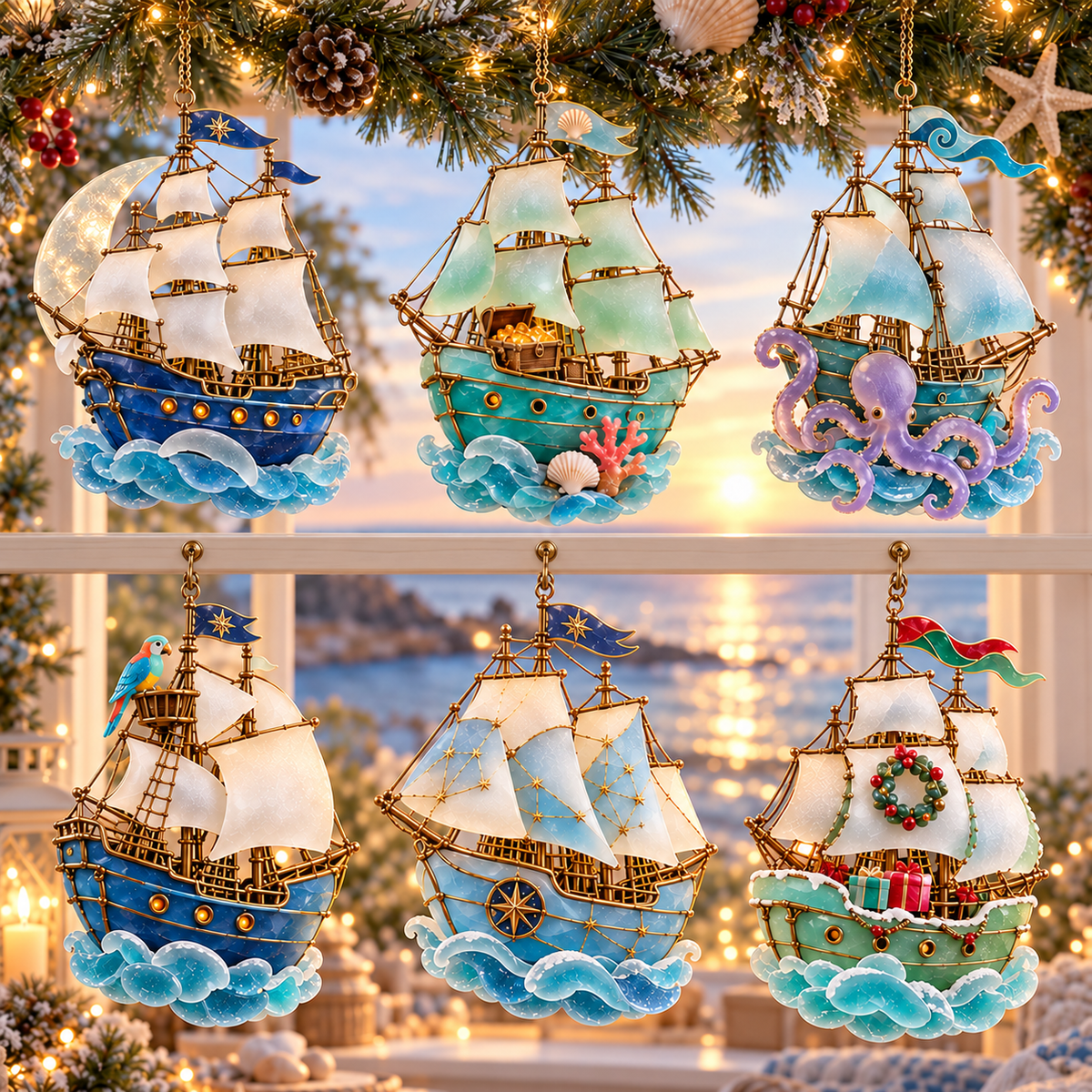 ⛵ 2026 Coastal Christmas Sailing Ship Ornaments – Set of 6 Nautical Holiday Keepsakes