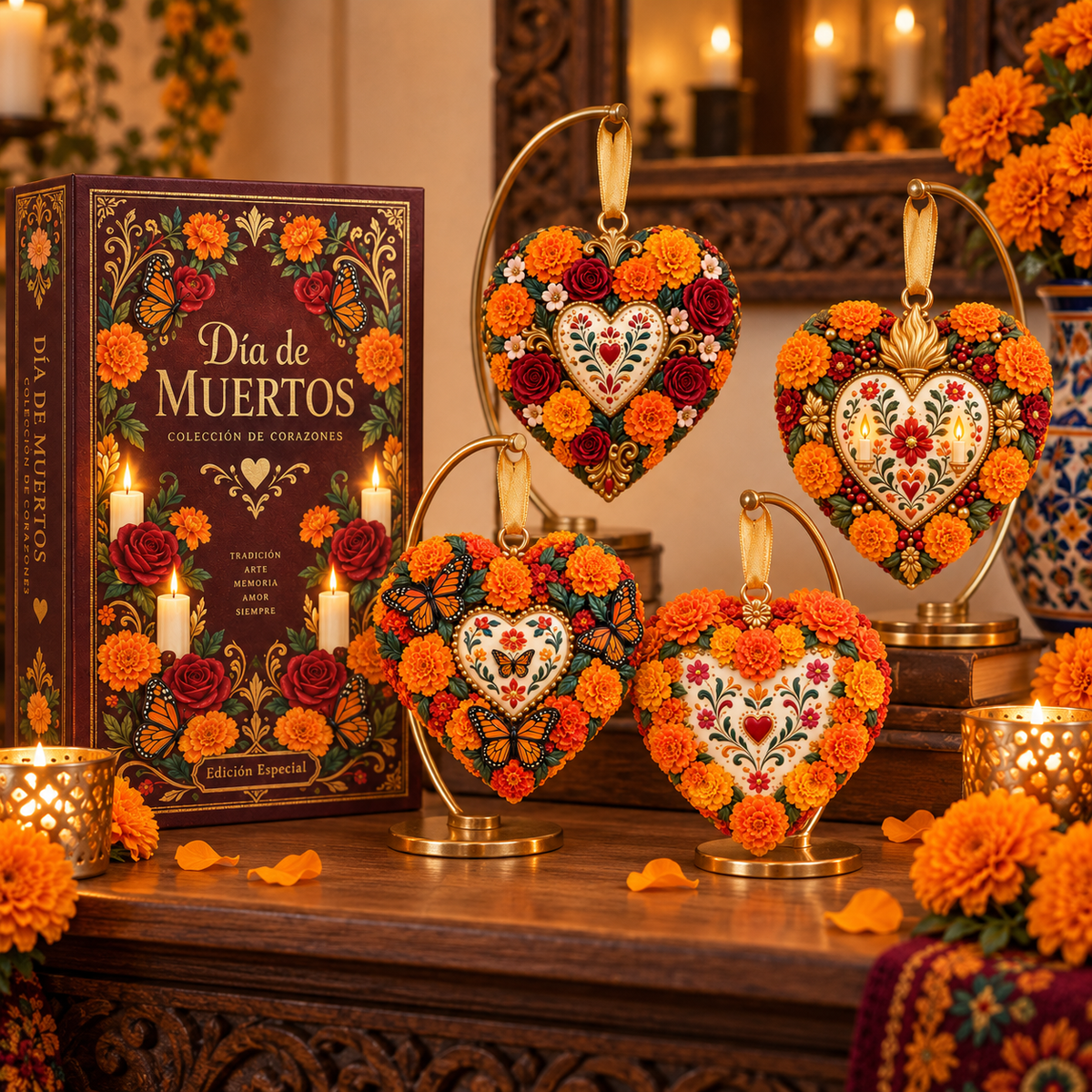 Día de Muertos Marigold Heart Ornament – Floral Hanging Keepsake Collection, Meaningful Day of the Dead Gift for Family & Loved Ones