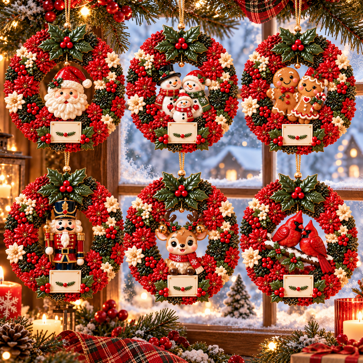 Merry & Bright Christmas Wreath Ornament Collection – 6-Piece Santa, Snowman, Gingerbread, Nutcracker, Reindeer & Cardinal Christmas Tree Decorations | Festive Holiday Keepsake Gifts