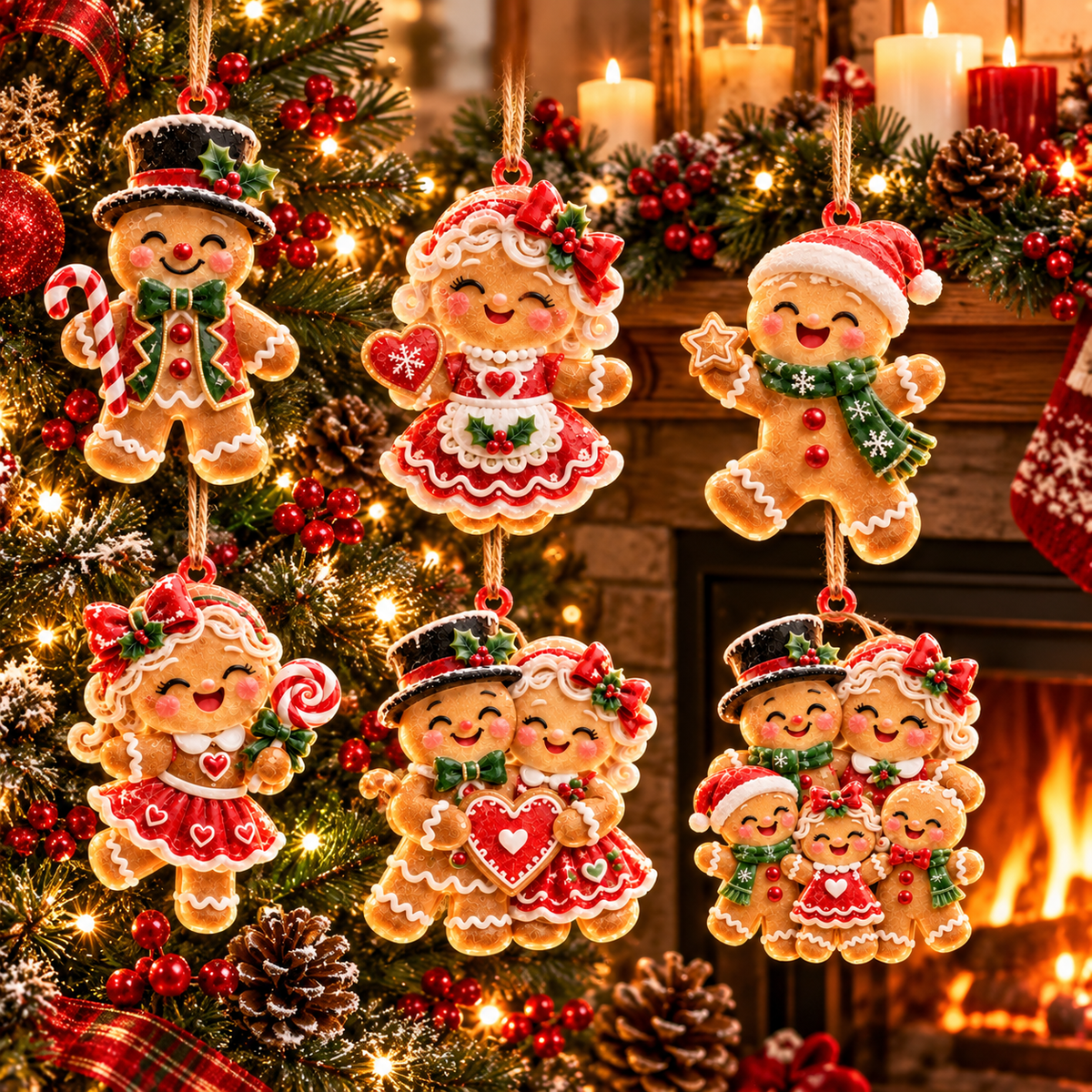 6-Piece Gingerbread Christmas Ornament Collection – Adorable Gingerbread Family, Couple & Holiday Characters | Festive Christmas Tree Hanging Decorations, Sweet Family Keepsake Gifts