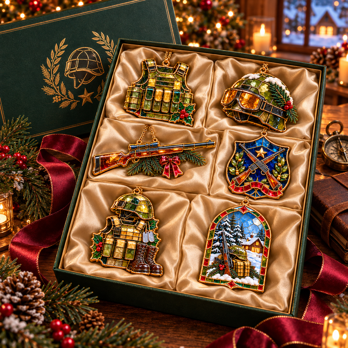 ✨ 2026 Military Christmas Ornaments – Set of 6 | Vintage Stained Glass Tactical Vest, Military Helmet, Rifle & Soldier Gear Hanging Decorations | Christmas Tree Ornaments & Unique Gifts for Veterans & Military Families