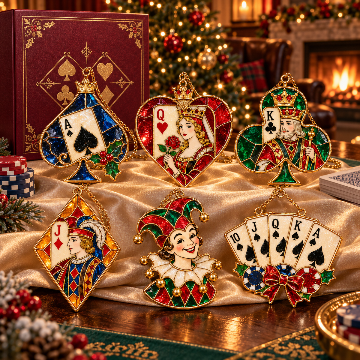 ✨ 2026 Vintage Stained Glass Playing Card Christmas Ornaments – Set of 6 | Poker Ace, Queen, King, Jack & Joker Hanging Decorations | Casino & Card Game Christmas Tree Ornaments | Unique Gifts for Poker Lovers