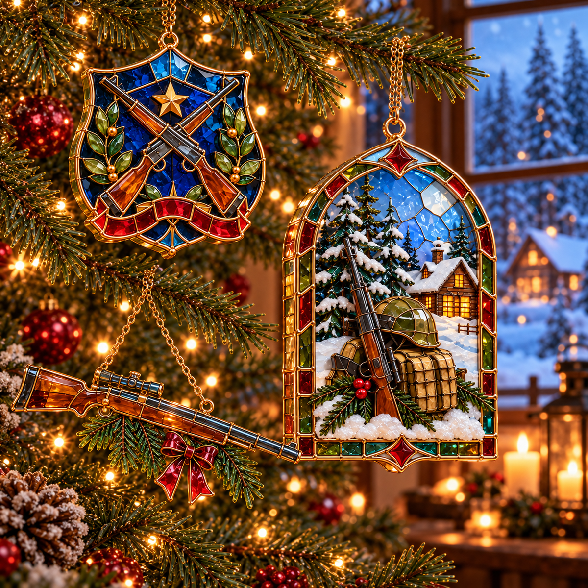 ✨ 2026 Military Christmas Ornaments – Set of 6 | Vintage Stained Glass Tactical Vest, Military Helmet, Rifle & Soldier Gear Hanging Decorations | Christmas Tree Ornaments & Unique Gifts for Veterans & Military Families