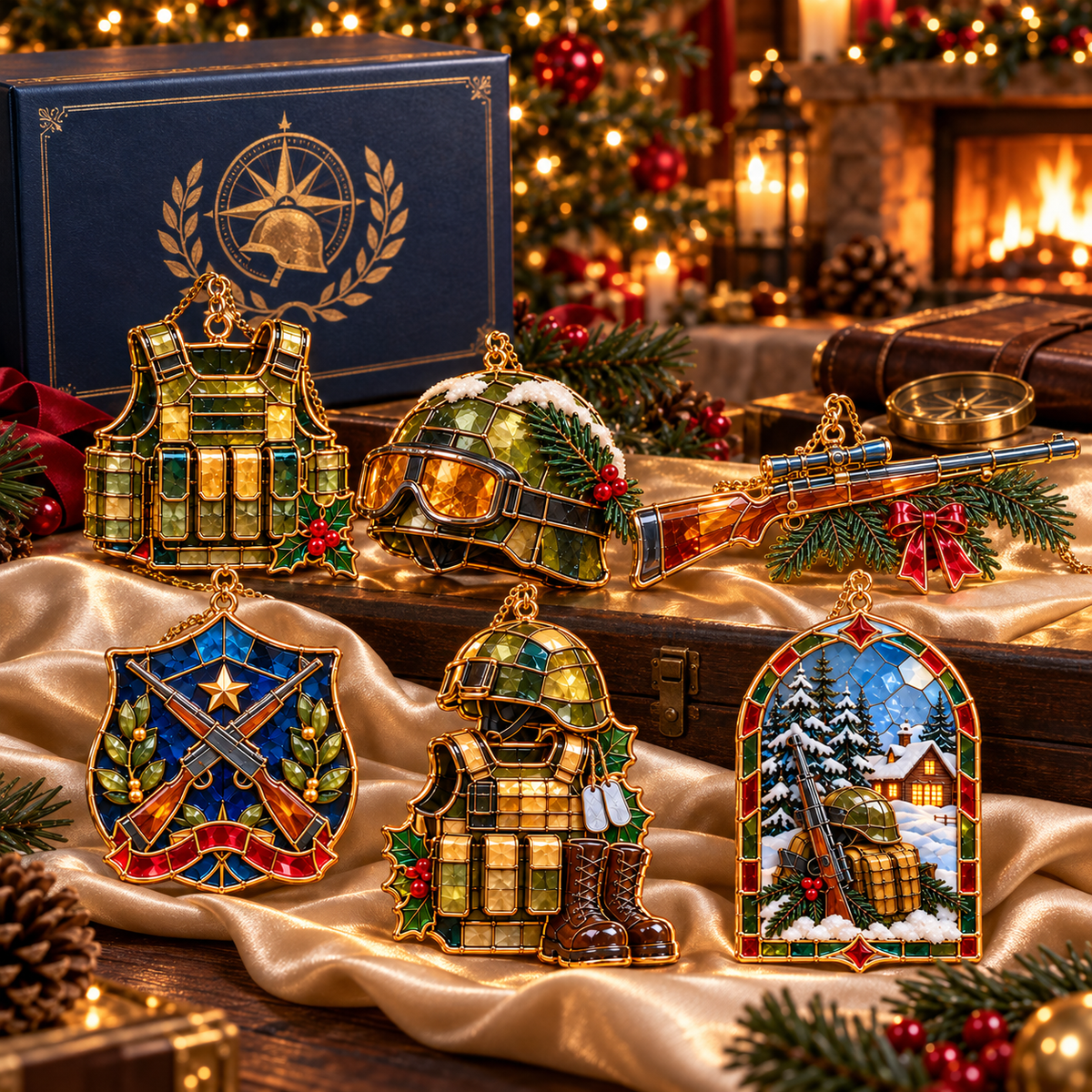 ✨ 2026 Military Christmas Ornaments – Set of 6 | Vintage Stained Glass Tactical Vest, Military Helmet, Rifle & Soldier Gear Hanging Decorations | Christmas Tree Ornaments & Unique Gifts for Veterans & Military Families