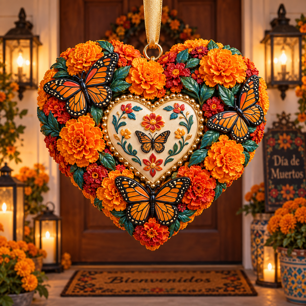 Día de Muertos Marigold Heart Ornament – Floral Hanging Keepsake Collection, Meaningful Day of the Dead Gift for Family & Loved Ones