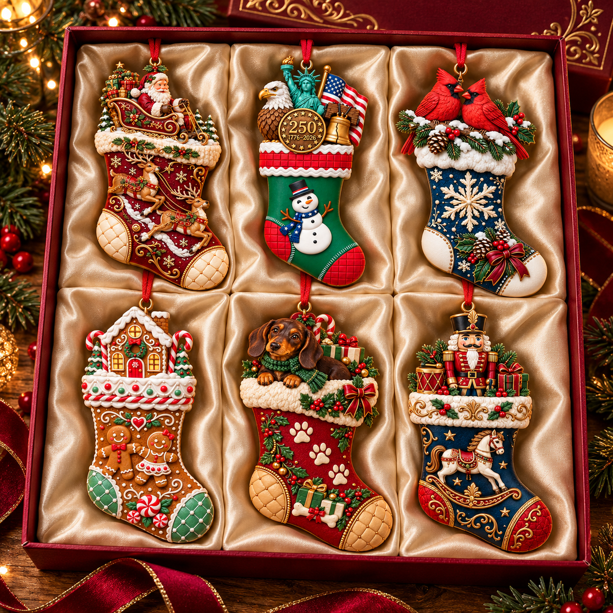2026 Christmas Storybook Stocking Ornaments – 6-Piece Vintage Holiday Collection