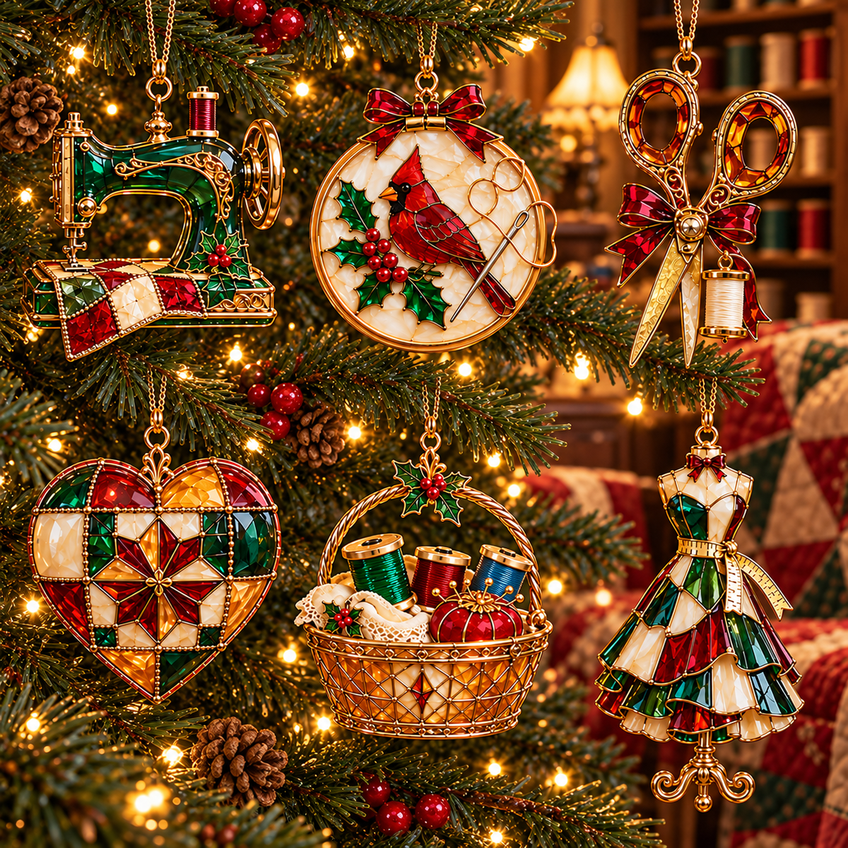 ✨ 2026 Vintage Stained Glass Sewing Christmas Ornaments – Set of 6