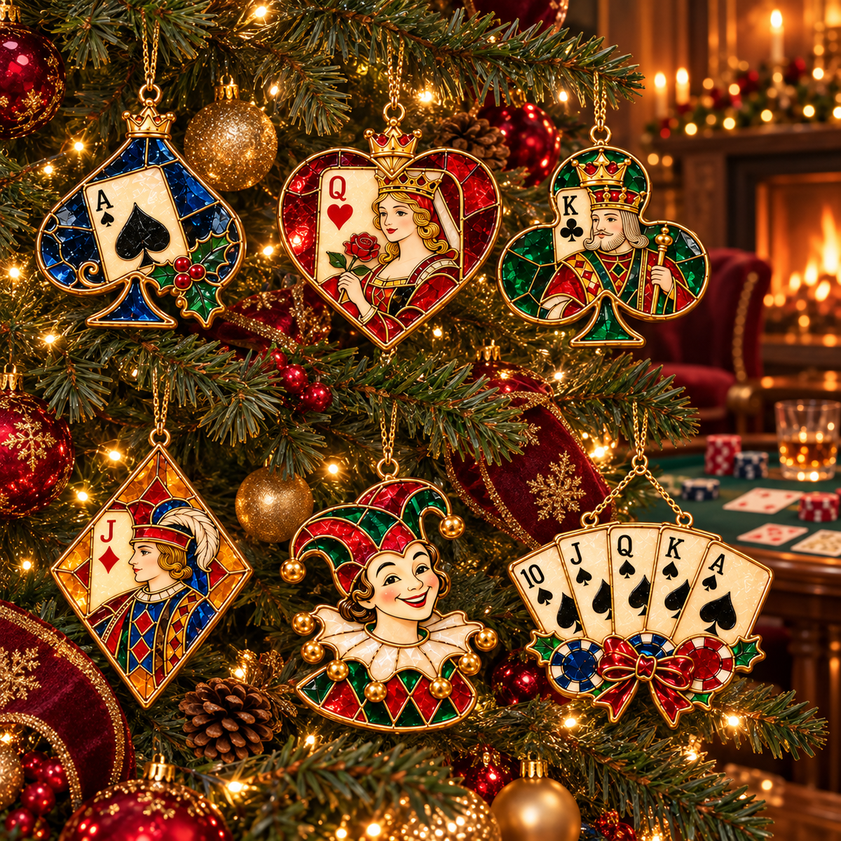 ✨ 2026 Vintage Stained Glass Playing Card Christmas Ornaments – Set of 6 | Poker Ace, Queen, King, Jack & Joker Hanging Decorations | Casino & Card Game Christmas Tree Ornaments | Unique Gifts for Poker Lovers