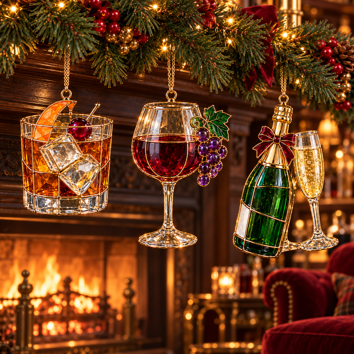 ✨ 2026 Vintage Stained Glass Cocktail & Wine Christmas Ornaments – Set of 6 | Martini, Margarita, Whiskey, Red Wine & Champagne Hanging Decorations | Christmas Tree Ornaments & Unique Holiday Gifts for Cocktail Lovers