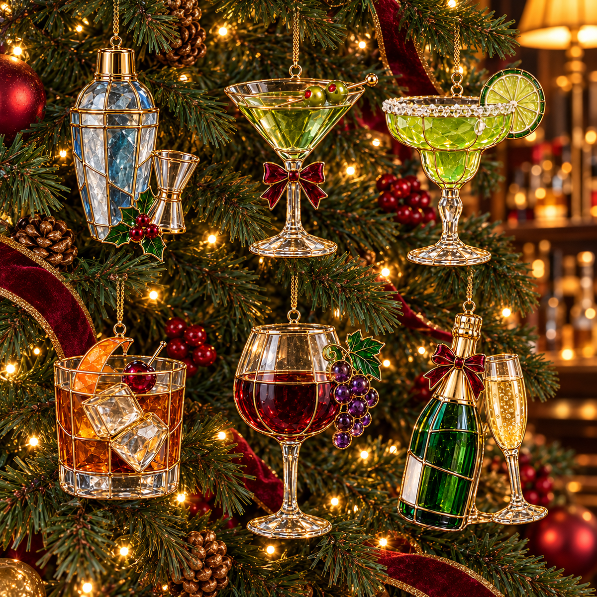 ✨ 2026 Vintage Stained Glass Cocktail & Wine Christmas Ornaments – Set of 6 | Martini, Margarita, Whiskey, Red Wine & Champagne Hanging Decorations | Christmas Tree Ornaments & Unique Holiday Gifts for Cocktail Lovers