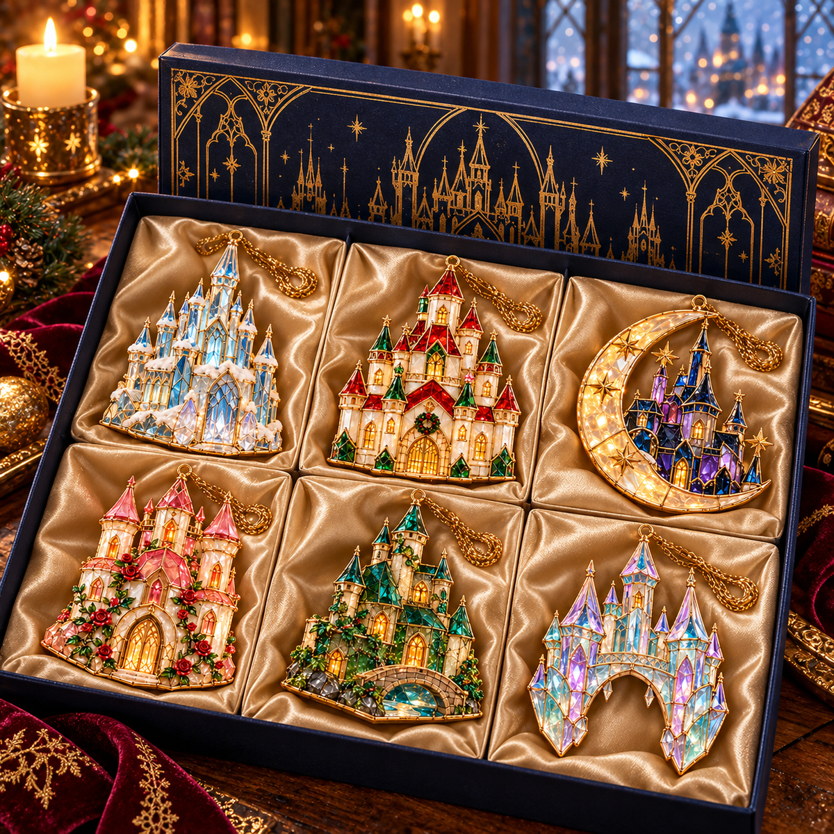 ✨ 2026 Magical Stained Glass Christmas Ornaments – Set of 6 | Crystal Castle, Candy, Rocket, Rainbow Star & Heart Hanging Decorations | Colorful Christmas Tree Ornaments & Holiday Gifts