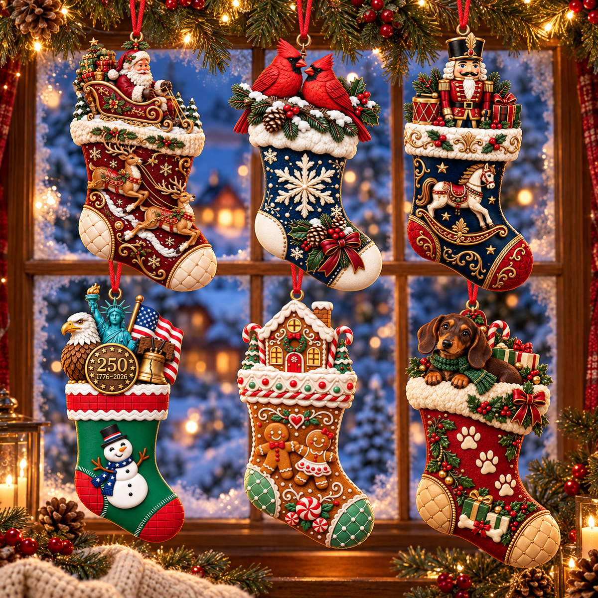 2026 Christmas Storybook Stocking Ornaments – 6-Piece Vintage Holiday Collection
