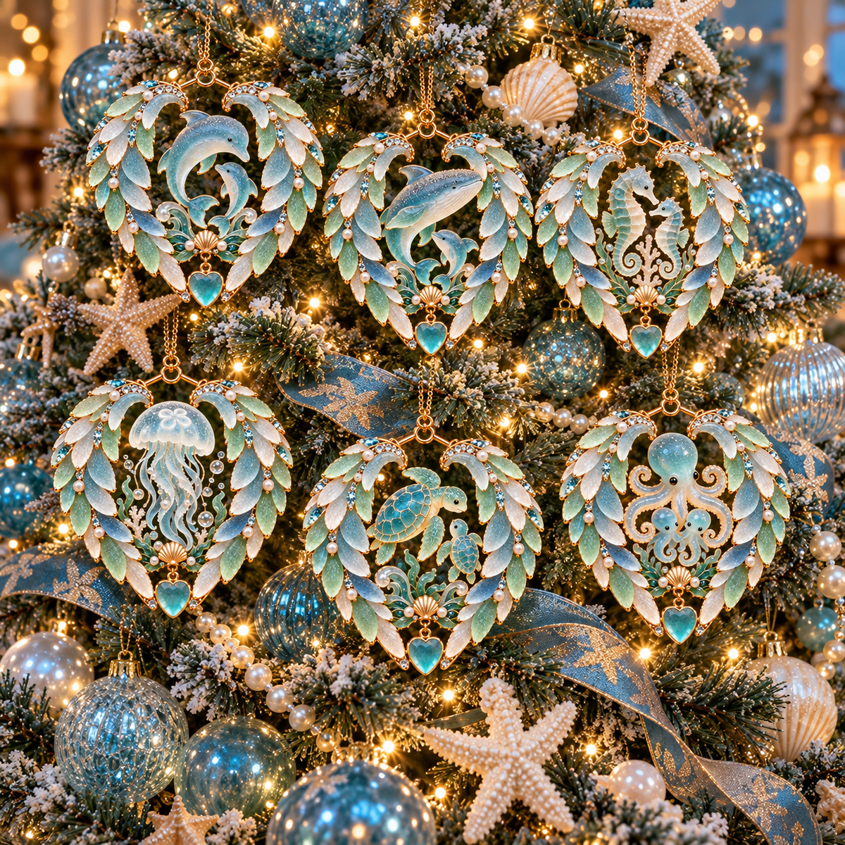 2026 Ocean Wonders Christmas Ornaments – 6-Piece Coastal Sea Life Heart Ornament Collection | Unique Christmas Tree Decorations & Gifts for Ocean Lovers