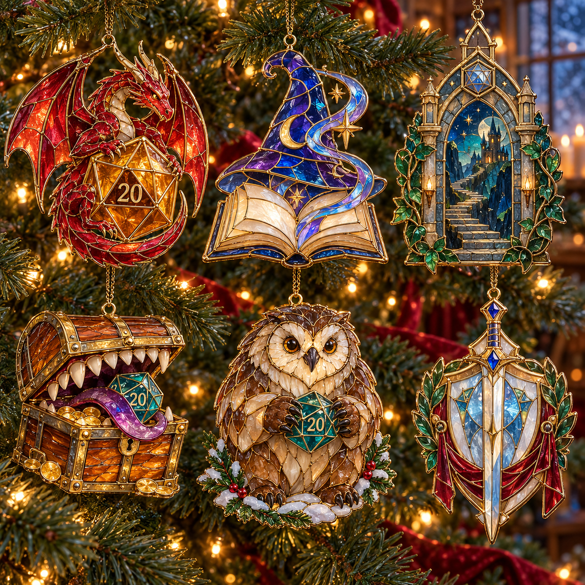 Enchanted Realms – 6-Piece Vintage Stained Glass-Style Fantasy Christmas Ornament Set
