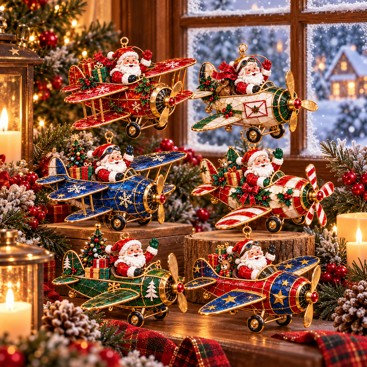Santa’s Christmas Flight – 6-Piece Vintage Santa Airplane Ornaments Collection | Christmas Tree Decorations & Holiday Gift
