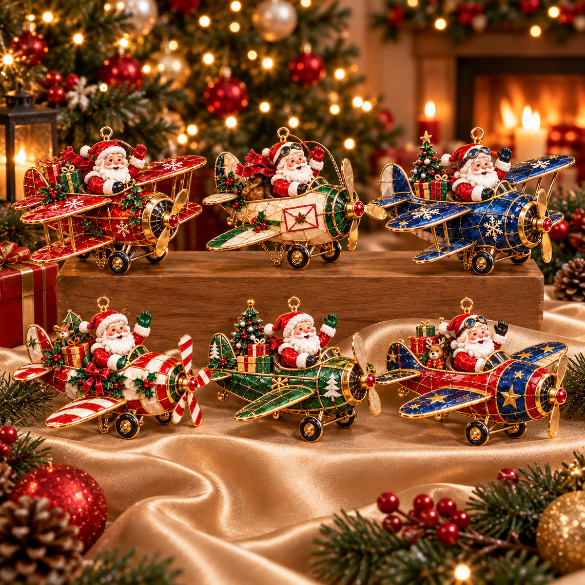 Santa’s Christmas Flight – 6-Piece Vintage Santa Airplane Ornaments Collection | Christmas Tree Decorations & Holiday Gift
