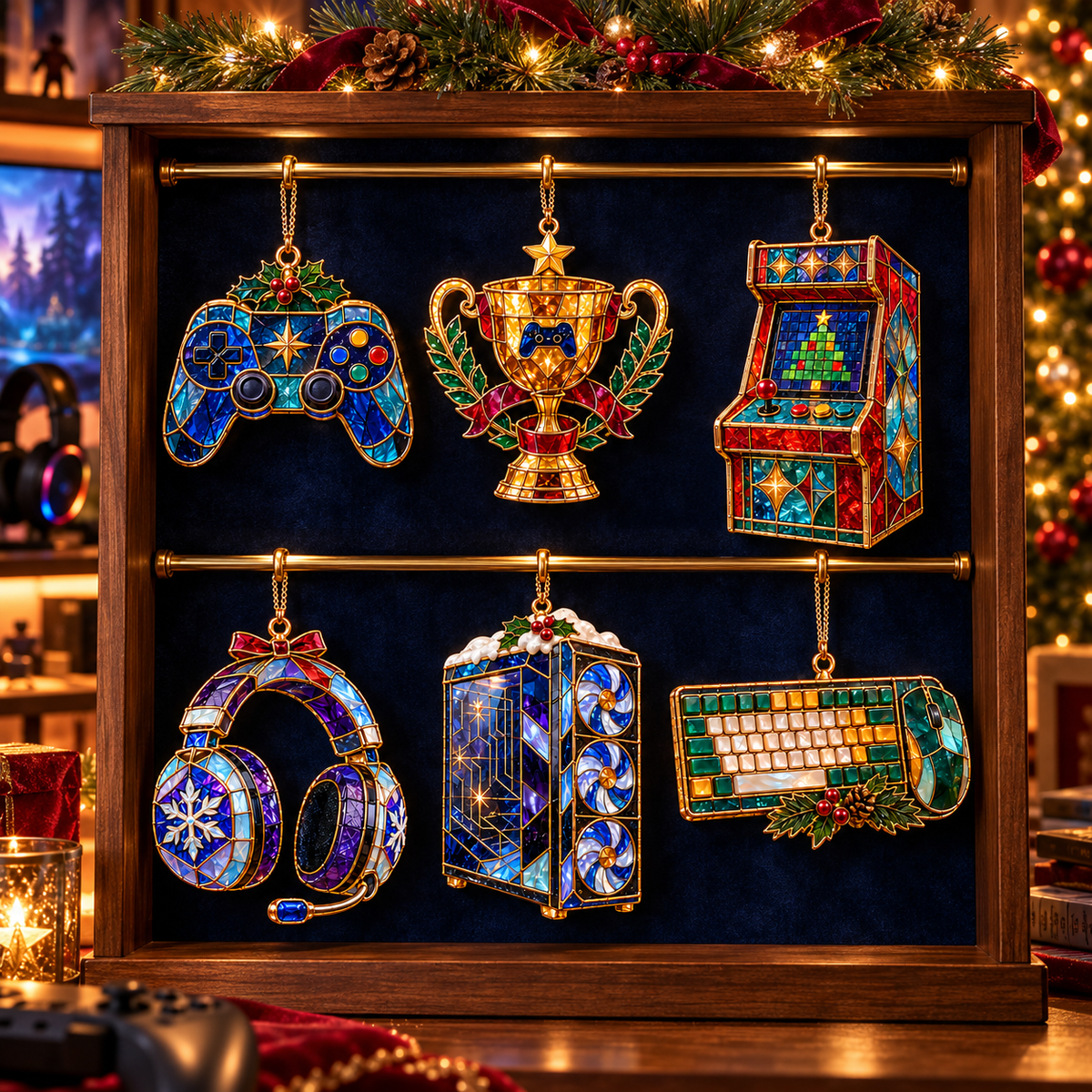 Level Up Your Christmas – 6-Piece Vintage Stained Glass Gaming Ornament Set