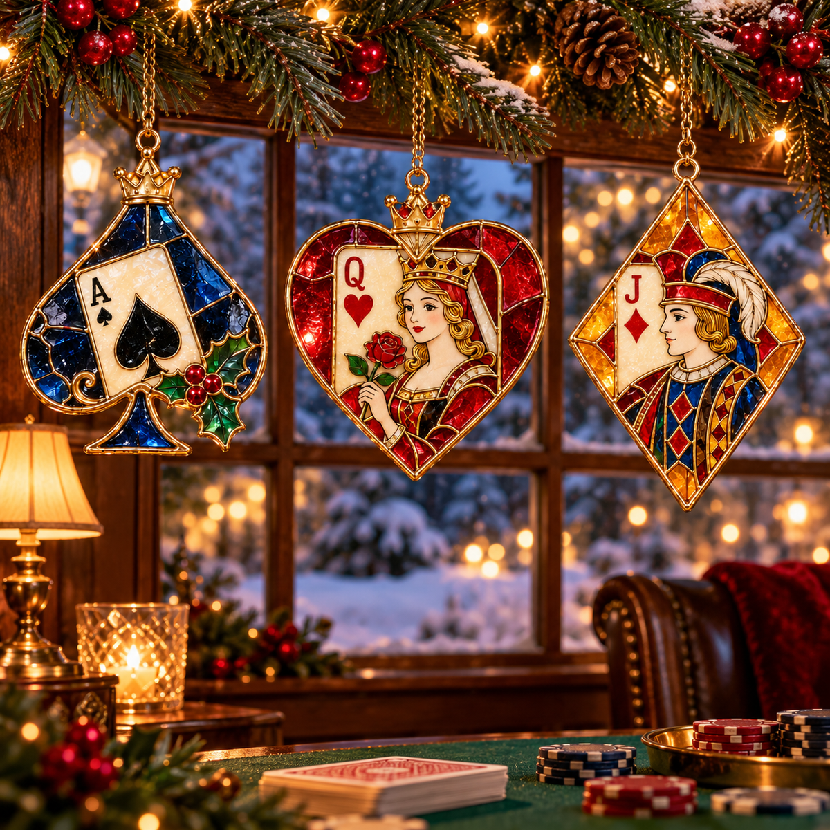 ✨ 2026 Vintage Stained Glass Playing Card Christmas Ornaments – Set of 6 | Poker Ace, Queen, King, Jack & Joker Hanging Decorations | Casino & Card Game Christmas Tree Ornaments | Unique Gifts for Poker Lovers