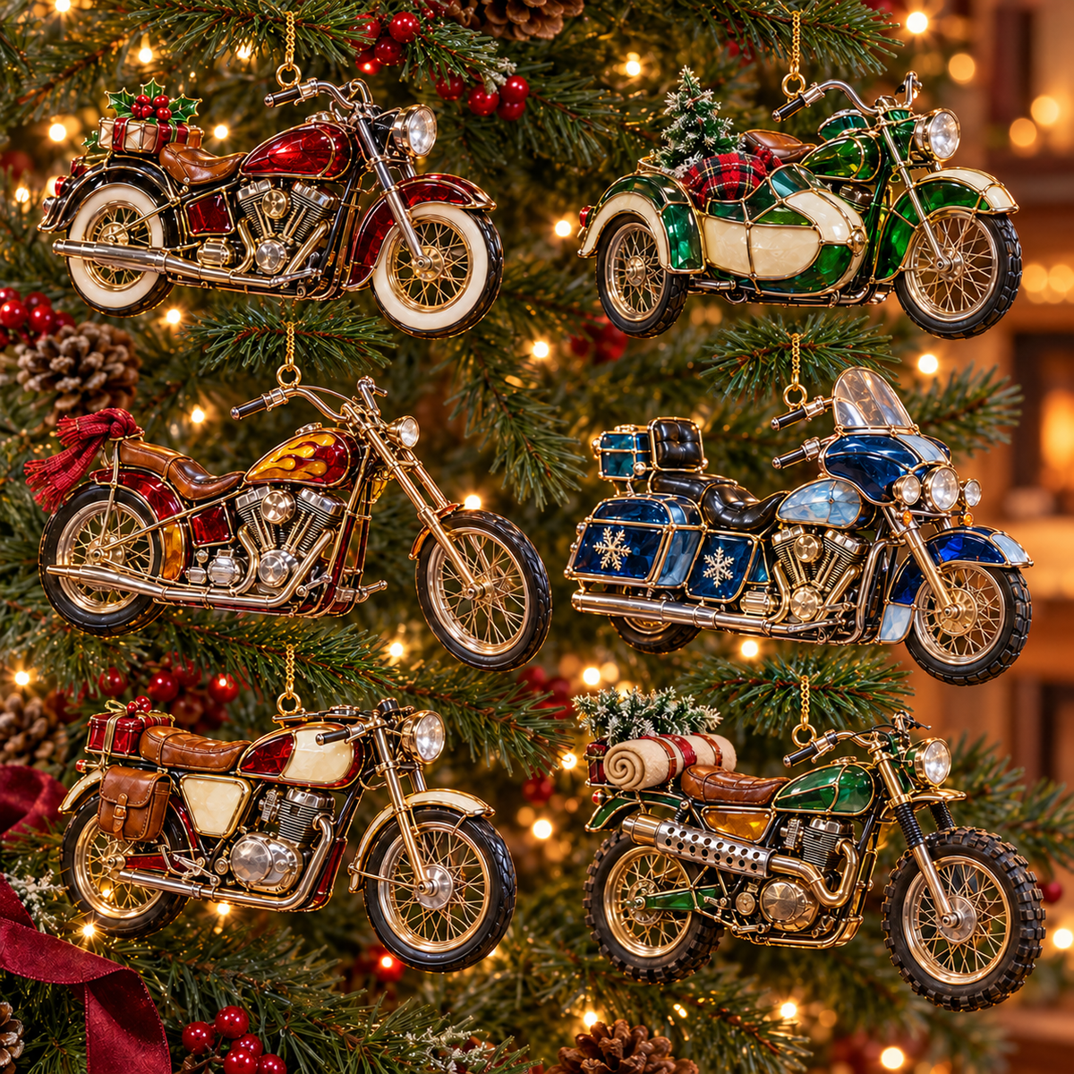 ✨ 2026 Vintage Stained Glass Motorcycle Christmas Ornaments – Set of 6 | Retro Cruiser, Sidecar, Chopper & Adventure Motorbike Hanging Decorations | Christmas Tree Ornaments & Biker Gifts